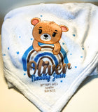 Personalised Rainbow Teddy Bear Blue Blanket