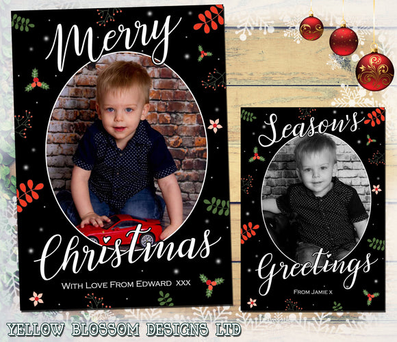 Christmas Photo Greeting Cards Black Floral