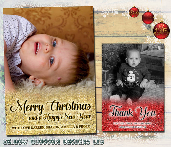 Glitter Effect Border Personalised Folded Flat Christmas Photo Cards Family Child Kids ~ QUANTITY DISCOUNT AVAILABLE