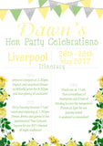 Shabby Chic Bunting Glitter Hen Weekend Itinerary Cards Hen Party Invites Bride To Be  - Custom Personalised Invites - Yellow Blossom Designs Ltd