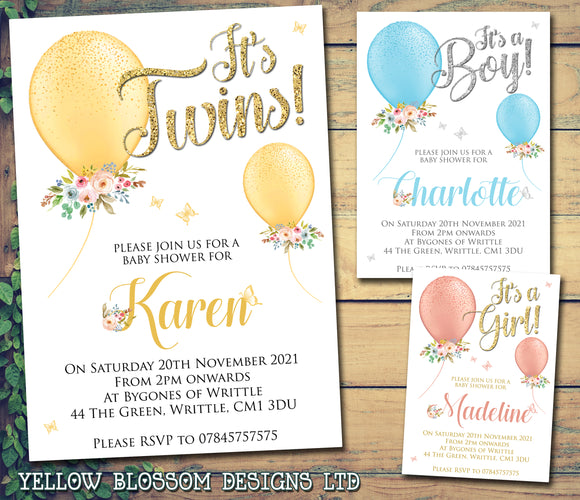 Personalised Baby Shower Invitations Boy Girl Twins Unisex Joint Party Balloons Butterflies Floral Flowers Adorabale Cute Little Boy Little Girl Him Her Spring Summer Newborn Baby