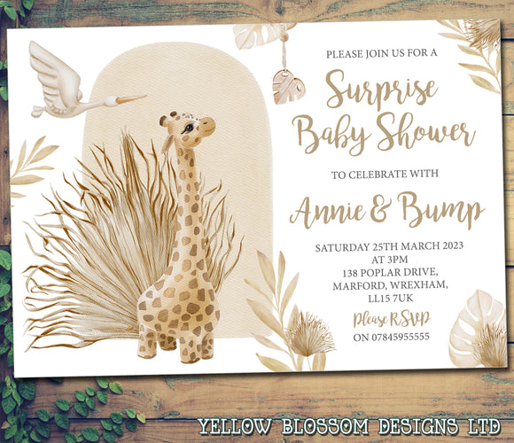 Boho Chic Giraffe - Custom Personalised Invites - Yellow Blossom Designs Ltd