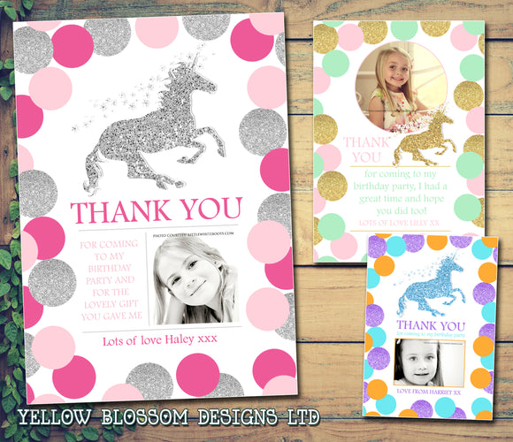 Unicorn Glitter Effect Photo Notes Personalised Birthday Thank You Cards Printed Kids Child Boys Girls Adult ~ QUANTITY DISCOUNT AVAILABLE