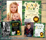 A6 Personalised Thank You Cards Birthday Photo Jungle Safari Animals Elephant Giraffe Monkey Lion Christening Naming Day Kids Child