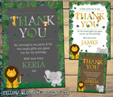 Personalised Thank You Cards Birthday Jungle Safari Animals Elephant Giraffe Monkey Lion Christening Naming Day Kids Child Portrait