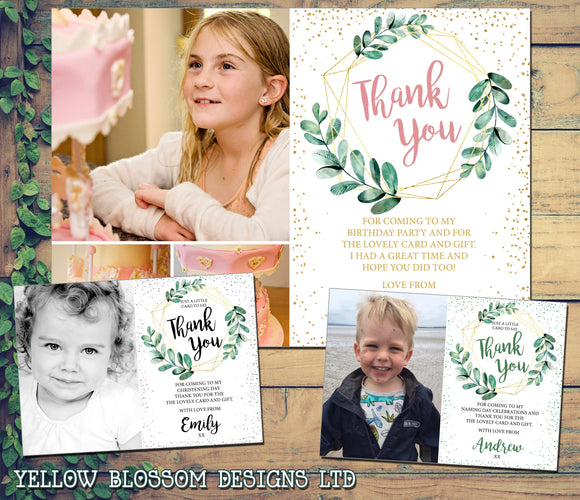 10 Personalised Thank You Cards Birthday Party Christening Baptism Naming Day Kids Adult Greenery Classic Modern With Photo