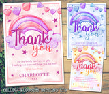10 Personalised Thank You Birthday Party Kids Boy Girl Rainbow Watercolour Cute …