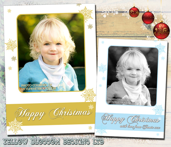 Cute Snowflakes Gold Blue Personalised Folded Flat Christmas Photo Cards Family Child Kids ~ QUANTITY DISCOUNT AVAILABLE