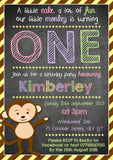 Monkey Chalkboard ONE TWO Party Invitations - Children's Kids Child Birthday Invites Joint Party Unisex Printed ~ QUANTITY DISCOUNT AVAILABLE