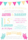 Owls Bunting Shabby - Christening Invitations Boy Girl Unisex Joint Twins Baptism Naming Day Ceremony Celebration Party ~ QUANTITY DISCOUNT AVAILABLE