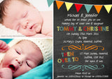 Bunting Photo - Christening Invitations Joint Boy Girl Unisex Twins Baptism Naming Day Ceremony Celebration Party ~ QUANTITY DISCOUNT AVAILABLE