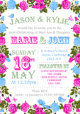 Roses Border Cute - Christening Invitations Joint Boy Girl Unisex Twins Baptism Naming Day Ceremony Celebration Party ~ QUANTITY DISCOUNT AVAILABLE