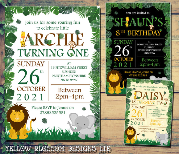 Jungle Safari Animal Personalised Invite Invitations 1st 2nd Birthday One Two Elephant Lion Monkey Giraffe Zoo Themed First Party Cute