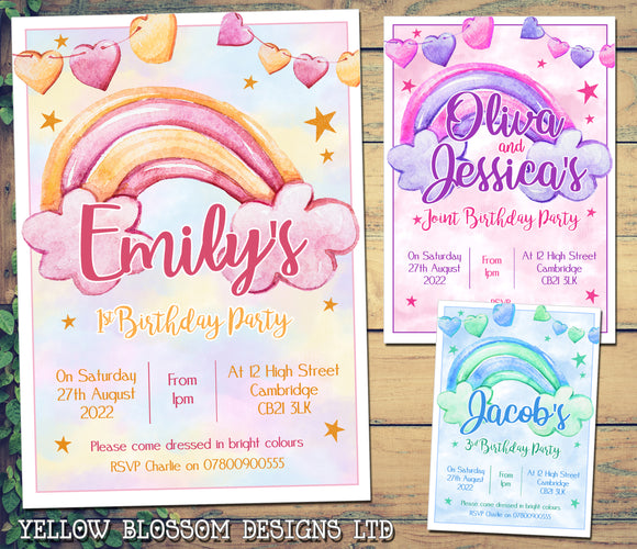 10 Personalised Invite Invitations Birthday Kids Boy Girl Rainbow Watercolour 