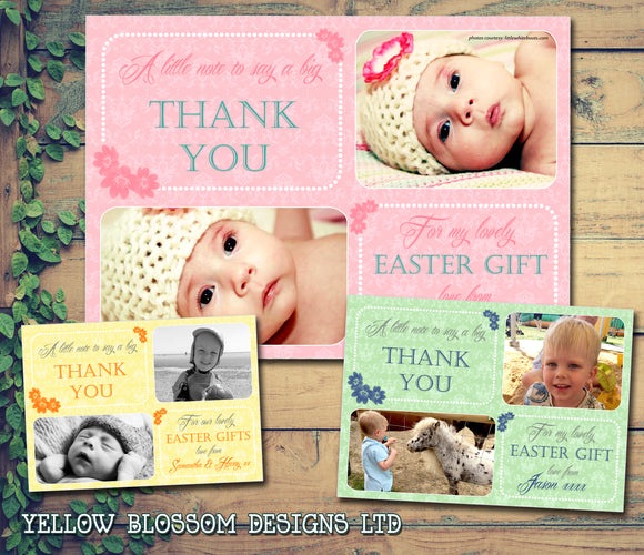 Classic Floral Flowers Pink Yellow Green Blue Joint Boy Girl Twins Photo Personalised Thank You Cards Easter ~ QUANTITY DISCOUNT AVAILABLE