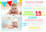 Poster Bunting Joint Celebration Party - Christening Invitations Boy Girl Unisex Twins Baptism Naming Day Ceremony Celebration Party ~ QUANTITY DISCOUNT AVAILABLE