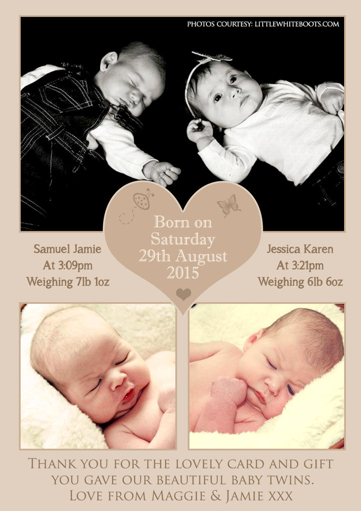 Hearts New Born Baby Birth Announcement Twin Photo Cards Personalised