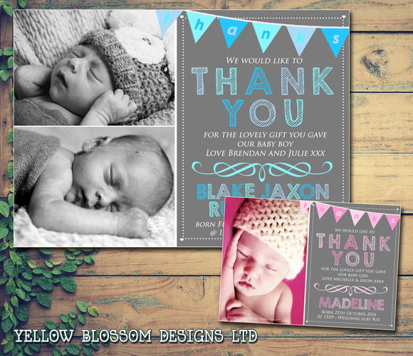 Blue Pink Thanks Bunting Shabby New Born Baby Birth Announcement Photo Twin Cards Personalised Bespoke ~ QUANTITY DISCOUNT AVAILABLE