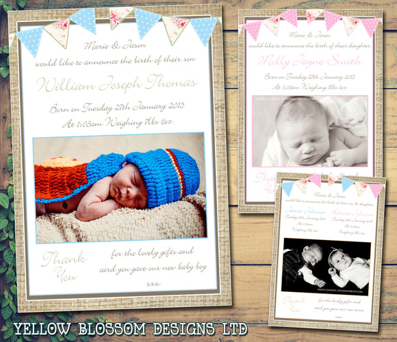 Rustic Bunting Boy Girl Twins Shabby New Born Baby Birth Announcement Photo Cards Personalised Bespoke ~ QUANTITY DISCOUNT AVAILABLE