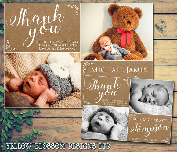 Kraft Background Rustic Barn Thank You Message Note New Born Baby Birth Announcement Photo Cards Personalised Bespoke ~ QUANTITY DISCOUNT AVAILABLE