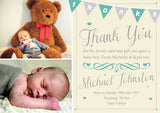 Thanks Bunting Elegant New Born Baby Birth Announcement Photo Cards Personalised Bespoke ~ QUANTITY DISCOUNT AVAILABLE