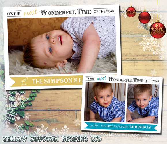 Most Wonderful Time Of The Year Folded Flat Christmas Photo Cards ~ QUANTITY DISCOUNT AVAILABLE