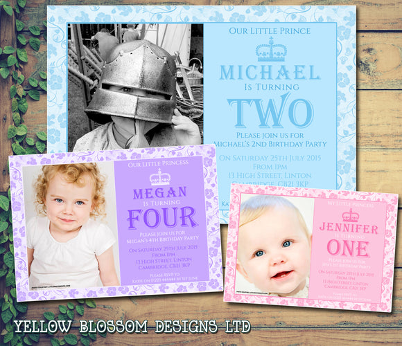 Princess Prince Photo Party One Two Three Four Invitations - Boy Girl Joint Party Invites Twins Unisex Printed Children's Kids Child ~ QUANTITY DISCOUNT AVAILABLE