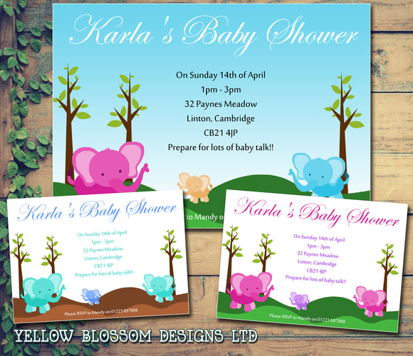 Baby Shower Invitations Boy Girl Unisex Twins Joint Party - Elephants ~ QUANTITY DISCOUNT AVAILABLE - YellowBlossomDesignsLtd