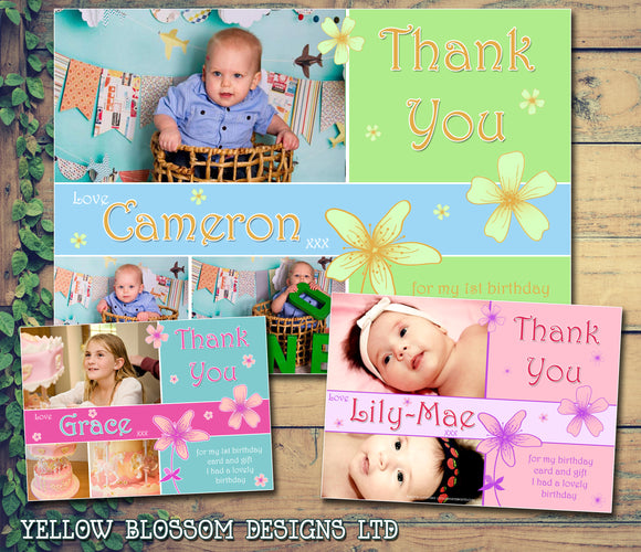 Flowers Personalised Birthday Thank You Cards Printed Kids Child Boys Girls Adult  - Custom Personalised Thank You Cards - Yellow Blossom Designs Ltd