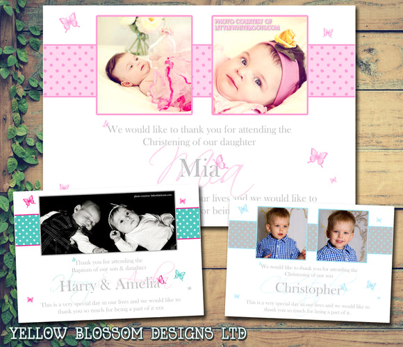 Butterflies Elegant Joint Boy Girl Twins Photo Personalised Thank You Cards Christening Baptism Naming Day Party Celebrations ~ QUANTITY DISCOUNT AVAILABLE