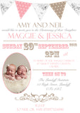 Rustic Poster Bunting Chic Photo - Christening Invitations Joint Boy Girl Unisex Twins Baptism Naming Day Ceremony Celebration Party ~ QUANTITY DISCOUNT AVAILABLE