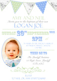 Rustic Poster Bunting Chic Photo - Christening Invitations Joint Boy Girl Unisex Twins Baptism Naming Day Ceremony Celebration Party ~ QUANTITY DISCOUNT AVAILABLE