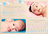 Rustic Vintage Bunting Shabby Chic Joint Boy Girl Twins Photo Personalised Thank You Cards Christening Baptism Naming Day Party Celebrations ~ QUANTITY DISCOUNT AVAILABLE