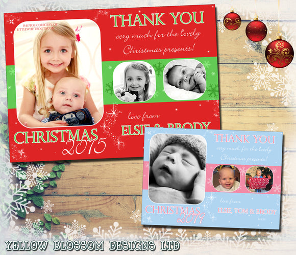 Three Photos Personalised Folded Flat Christmas Thank You Photo Cards Family Child Kids ~ QUANTITY DISCOUNT AVAILABLE