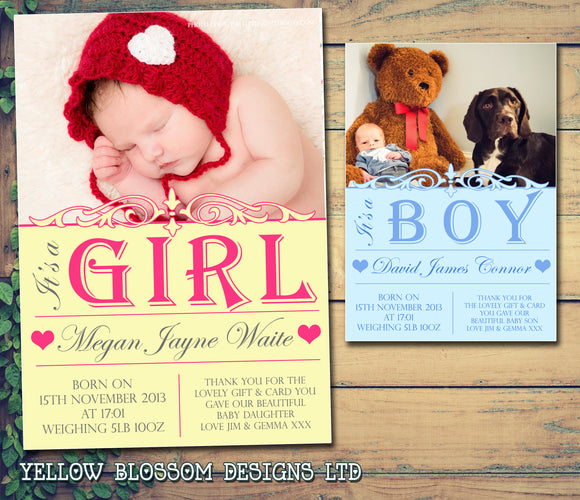 It's A Boy Girl Thank You Message Note New Born Baby Birth Announcement Photo Cards Personalised Bespoke ~ QUANTITY DISCOUNT AVAILABLE