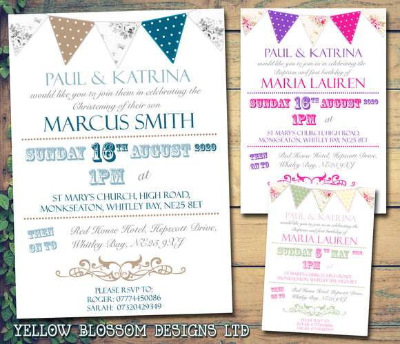 Poster Bunting Pink Blue - Christening Invitations Joint Boy Girl Unisex Twins Baptism Naming Day Ceremony Celebration Party ~ QUANTITY DISCOUNT AVAILABLE