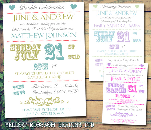 Carnival Circus Poster Shabby Chic Joint Party - Christening Invitations Boy Girl Unisex Twins Baptism Naming Day Ceremony Celebration Party ~ QUANTITY DISCOUNT AVAILABLE - YellowBlossomDesignsLtd