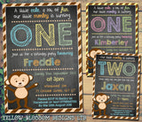 Monkey Chalkboard ONE TWO Party Invitations - Children's Kids Child Birthday Invites Joint Party Unisex Printed ~ QUANTITY DISCOUNT AVAILABLE