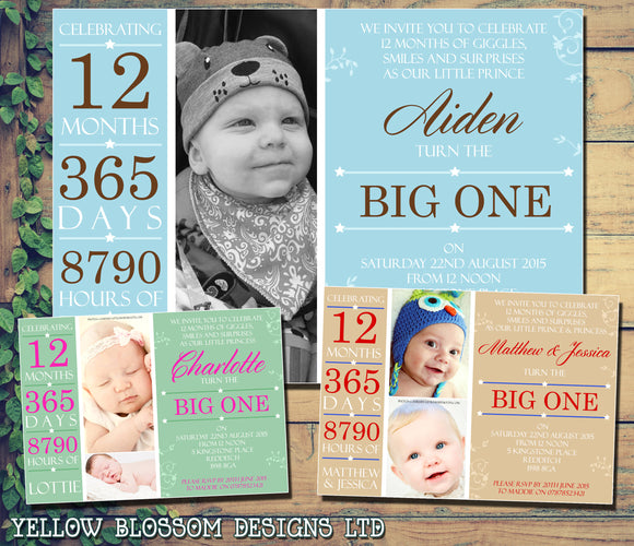 ONE 12 Months 365 Days Boy Girl Joint Party Invitations - Children's Kids Child Birthday Invites Boy Girl Joint Party Twins Unisex Printed ~ QUANTITY DISCOUNT AVAILABLE