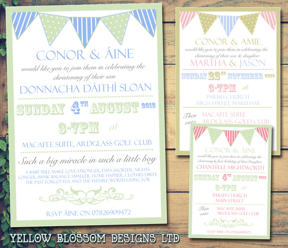 Spots & Stripes Bunting Carnival - Christening Invitations Joint Boy Girl Unisex Twins Baptism Naming Day Ceremony Celebration Party ~ QUANTITY DISCOUNT AVAILABLE