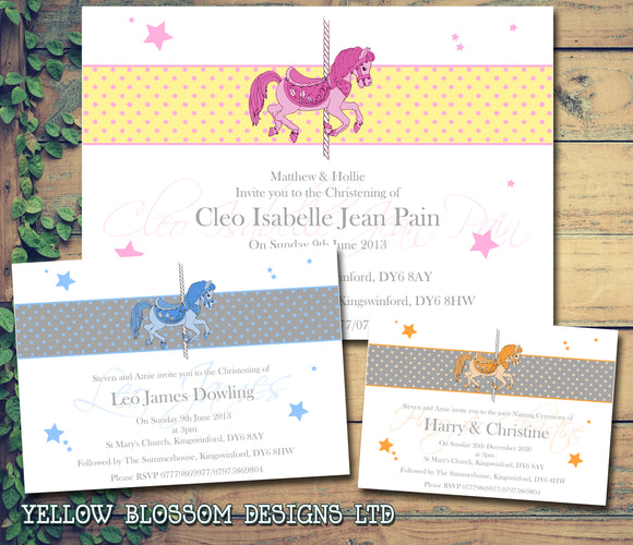Rocking Horse Joint Celebration Party - Christening Invitations Boy Girl Unisex Twins Baptism Naming Day Ceremony Celebration Party ~ QUANTITY DISCOUNT AVAILABLE