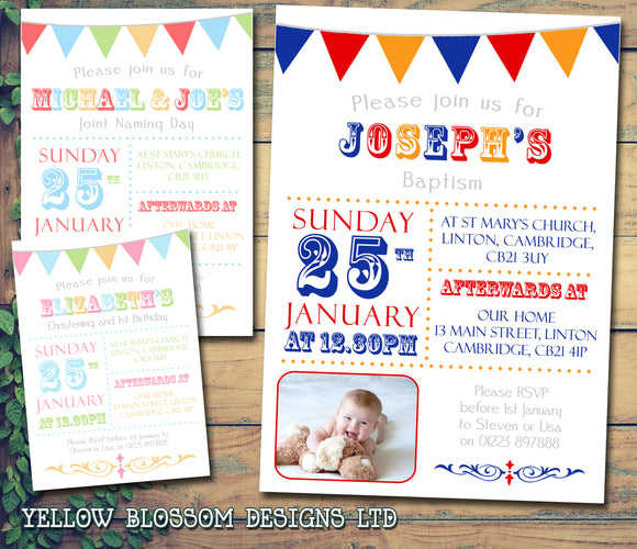 Carnival Bunting Photo - Christening Invitations Joint Boy Girl Unisex Twins Baptism Naming Day Ceremony Celebration Party ~ QUANTITY DISCOUNT AVAILABLE - YellowBlossomDesignsLtd
