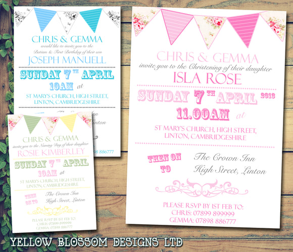 Bunting Vintage Joint Party - Christening Invitations Boy Girl Unisex Twins Baptism Naming Day Ceremony Celebration Party ~ QUANTITY DISCOUNT AVAILABLE - YellowBlossomDesignsLtd