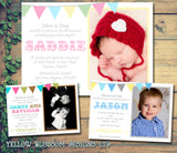 Bunting Shabby - Christening Invitations Boy Girl Unisex Joint Twins Baptism Naming Day Ceremony Celebration Party ~ QUANTITY DISCOUNT AVAILABLE