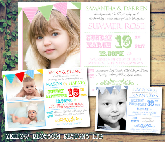 Poster Bunting Joint Celebration Party - Christening Invitations Boy Girl Unisex Twins Baptism Naming Day Ceremony Celebration Party ~ QUANTITY DISCOUNT AVAILABLE