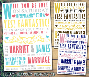 Classic Typography Wedding Invitations Personalised ~ QUANTITY DISCOUNT AVAILABLE - YellowBlossomDesignsLtd