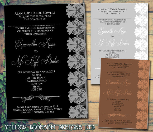 Classic Lace Beautiful Simple Effective Wedding Day Evening Invitations Personalised Bespoke ~ QUANTITY DISCOUNT AVAILABLE - YellowBlossomDesignsLtd