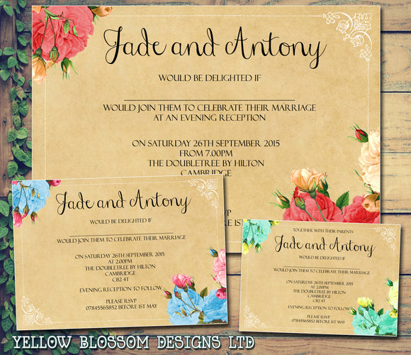 Vintage Roses Flowers Shabby Chic Wedding Day Evening Invitations Personalised Bespoke - Custom Personalised Invites - Yellow Blossom Designs Ltd