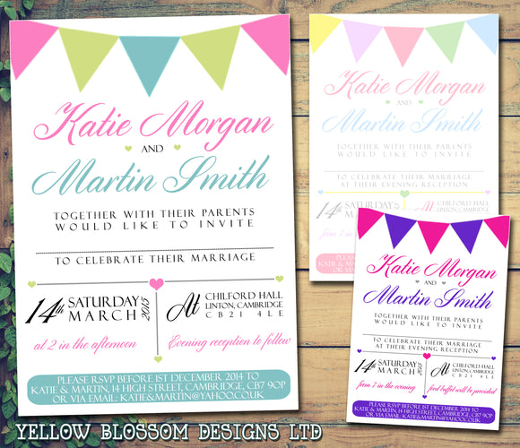 Bunting Pastel Colours Wedding Day Evening Invitations Personalised Bespoke ~ QUANTITY DISCOUNT AVAILABLE - YellowBlossomDesignsLtd
