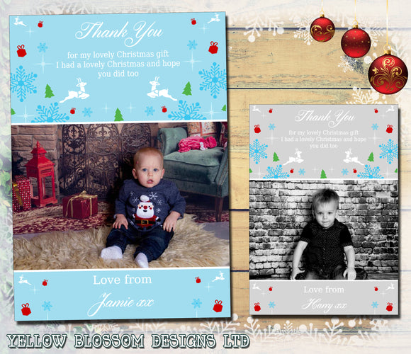 Reindeer Snowflakes Stars Personalised Folded Flat Christmas Thank You Photo Cards Family Child Kids ~ QUANTITY DISCOUNT AVAILABLE